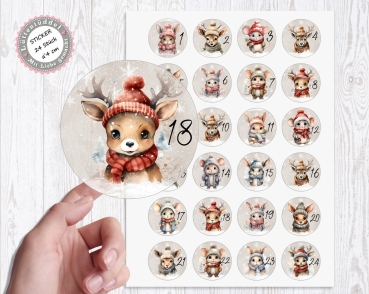 Preview: 24 Stück zuckersüße Adventskalenderaufkleber Sticker Wald Tiere Weihnachten  /4cm rund mit-oder ohne 24 Beutelchen aus Kraftpapier